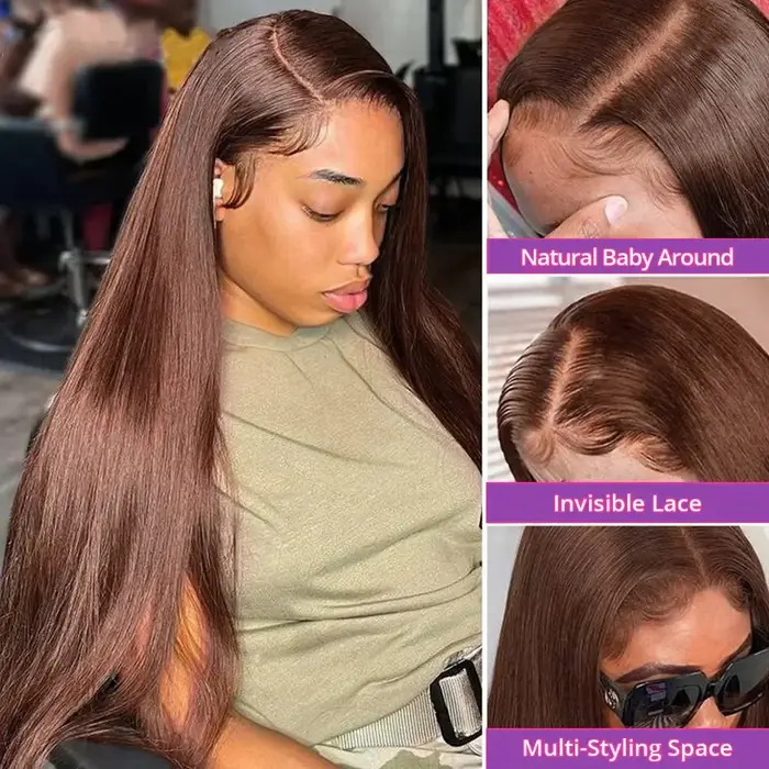 Perruque Lace Frontal Wig naturelle brésilienne Remy, cheveux lisses, brun chocolat, 13x6, pre-pluck