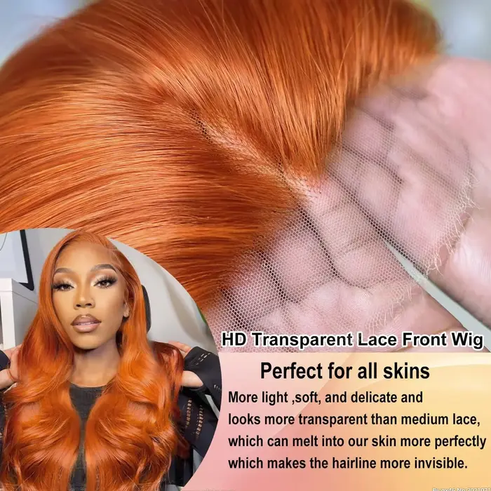 Perruque Lace Front HD 13x6 en Cheveux Humains, Ondulation Body Wave, Couleur Gingembre Orange, Dens