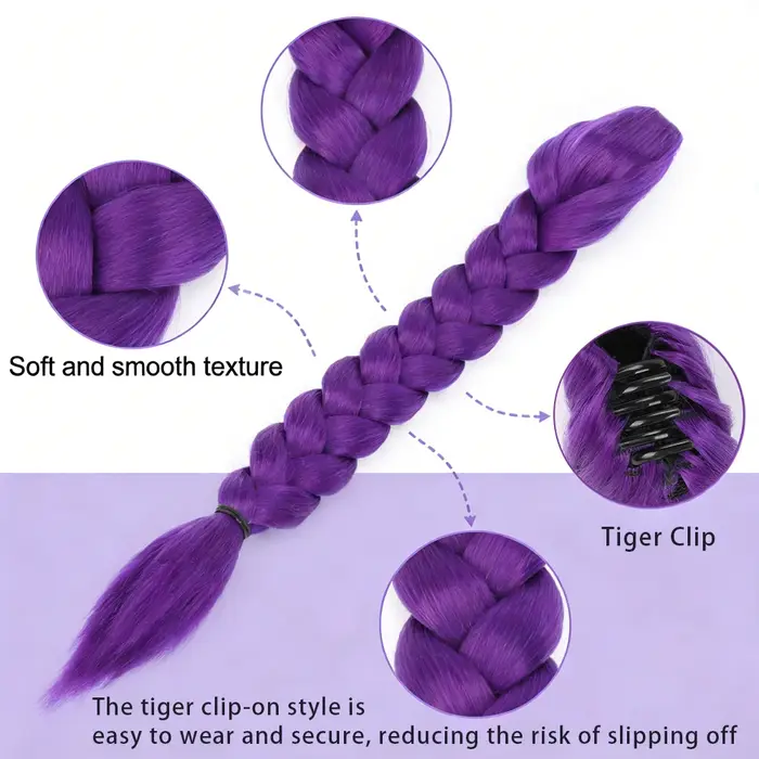 Perruque queue de cheval synthétique tressée violette avec pince crabe pour enfants