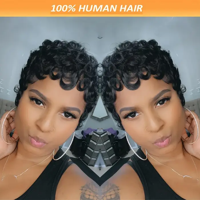 613 miel blond bouclés coupe lutin perruque 100% cheveux humains avec frange courte bouclés perruques de cheveux humains pour les femmes fabriqués à la Machine