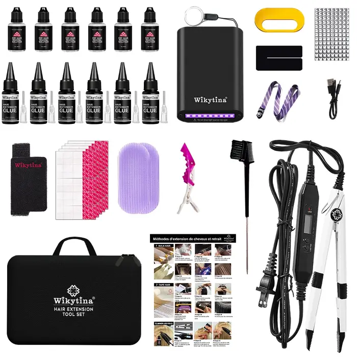 Ensemble d'extensions de cheveux à lumière UV avec outils de colle légère en V et briquet à durcissement pour une coiffure parfaite et des extensions longue durée