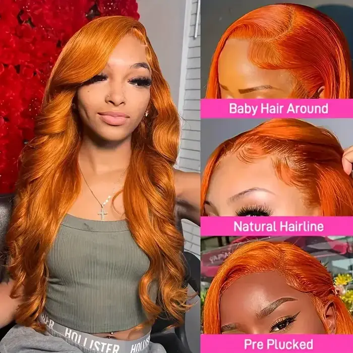 Perruque Lace Front Wig synthétique Body Wave de couleur Orange gingembre 13x4 pour femmes