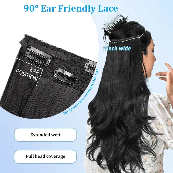 Extensions de cheveux synthétiques ondulées longues noires de 20 pouces avec fil invisible