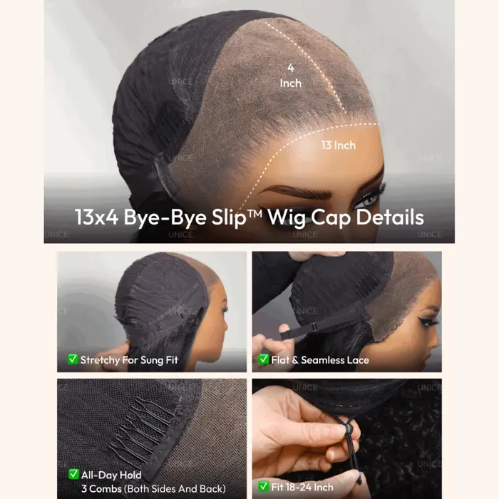 UNice Bye-Bye Slip ™ Perruque 13x4 Lace Frontal Couleur Bronde avec Mèches Blond Miel Ondulées Effet Mouillé 100% Cheveux Humains Sans Colle