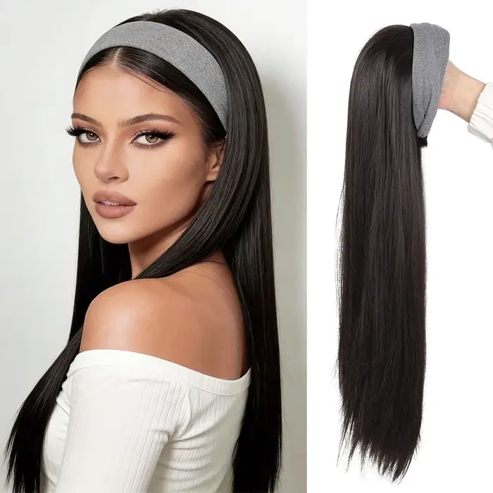Demi-perruque tendance pour femme avec bandeau gris et cheveux synthétiques longs et raides