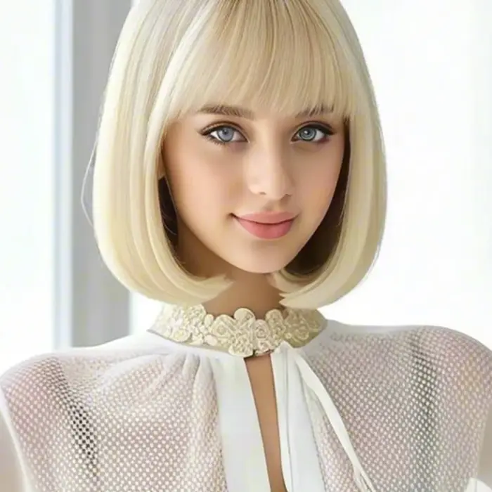 Luxueuse perruque synthétique à frange dorée de 12 pouces avec une texture élégante et volumineuse pour un usage quotidien et une occasion spéciale.