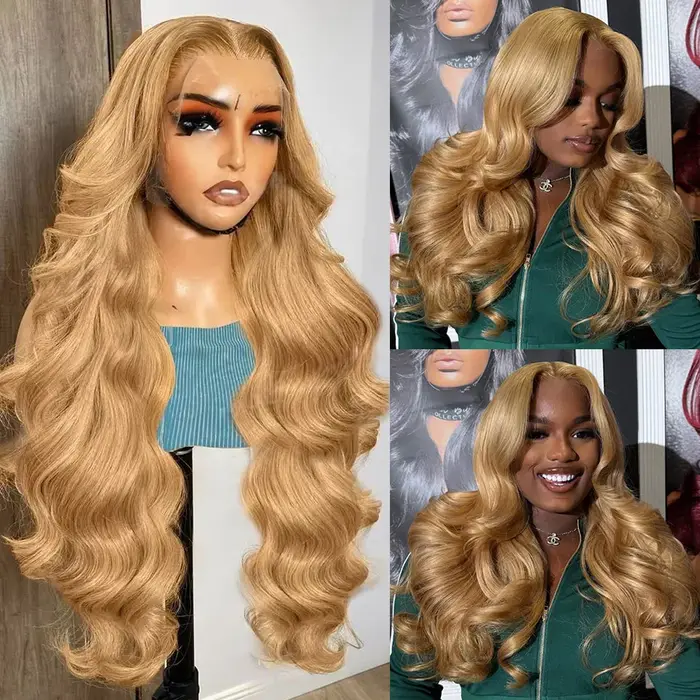 38 40 pouces # Perruques en cheveux humains couleur blond miel 27 pour femmes, perruque frontale en
