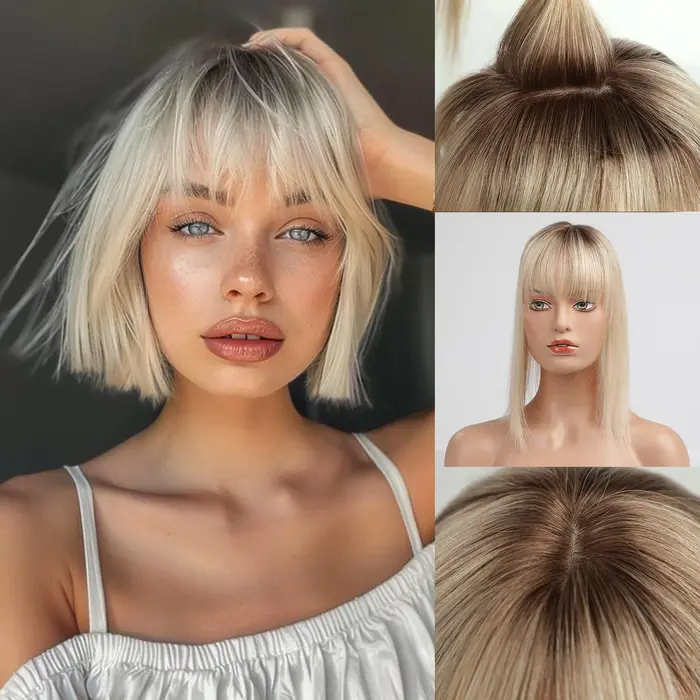Toppers de cheveux humains avec frange pour femmes