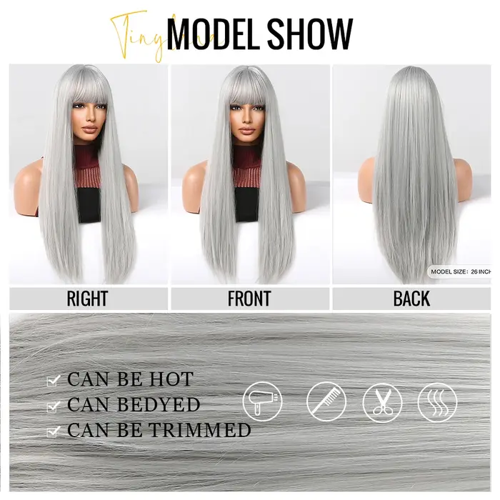 Perruques synthétiques longues et lisses gris cendré argenté, cheveux naturels Lolita Cosplay avec f