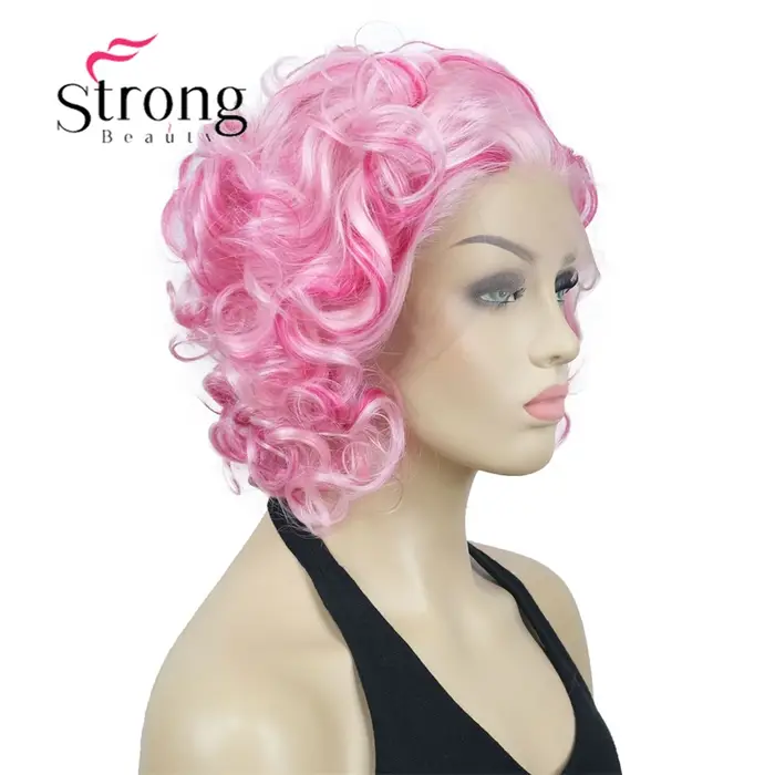 Perruque Lace Front Wig synthétique courte bouclée rose pour femme
