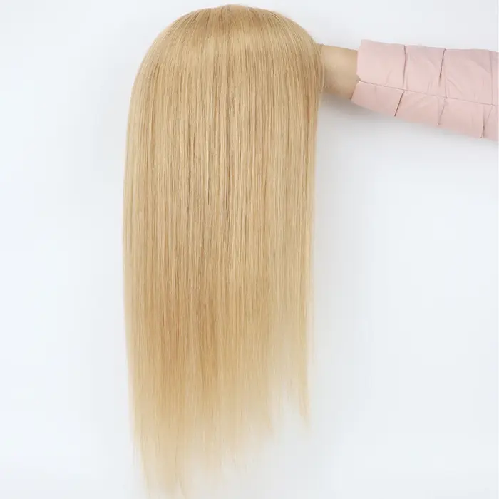Perruque de cheveux humains entièrement attachée à la main, mono filet en soie, couronne blonde, PU 