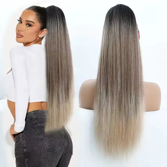 28 pouces queue de cheval droite Blonde mettre en évidence 12/613 Ombre brun Extension de cheveux avec pince 180