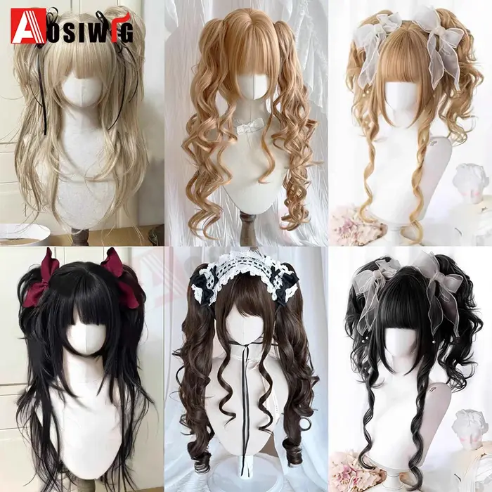 Perruque Lolita synthétique coupe princesse Double queue de cheval avec frange fille Ombre Blonde marron blanc gris