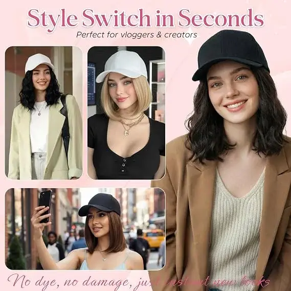 Perruque, casquette de baseball avec cheveux attachés pour femmes, perruque ajustable avec cheveux synthétiques résistants à la chaleur, 6 pouces, casquette de baseball avec cheveux