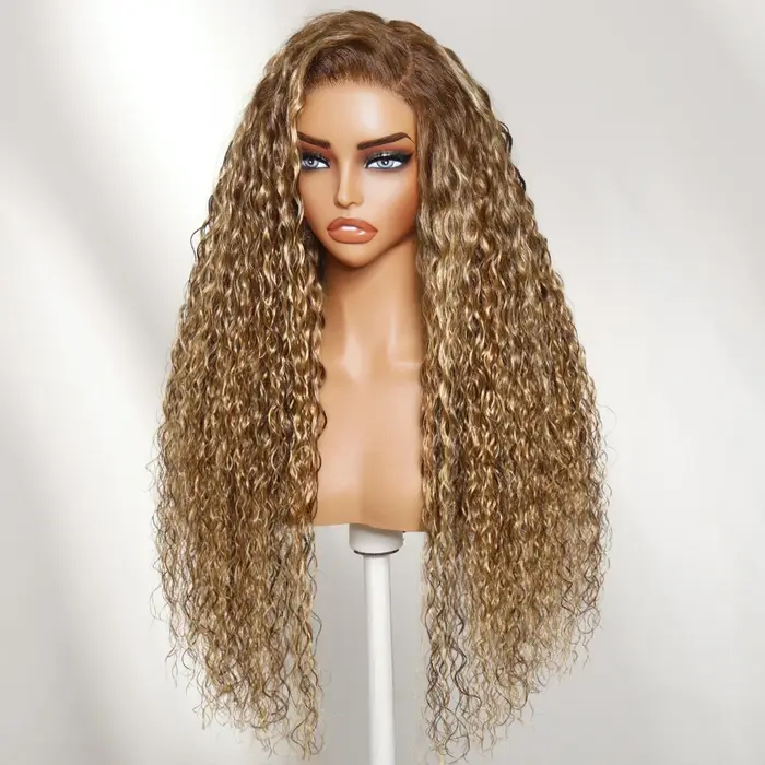 UNice Bye-Bye Slip ™ Perruque 13x4 Lace Frontal Couleur Bronde avec Mèches Blond Miel Ondulées Effet Mouillé 100% Cheveux Humains Sans Colle