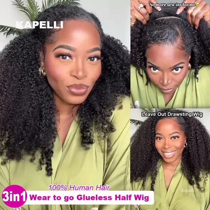 Demi-perruque de cheveux humains 180% demi-perruque crépus bouclés perruques de cheveux humains 3 en