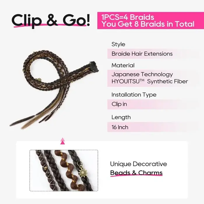 Extensions de cheveux synthétiques tressées à clipser Bohemia