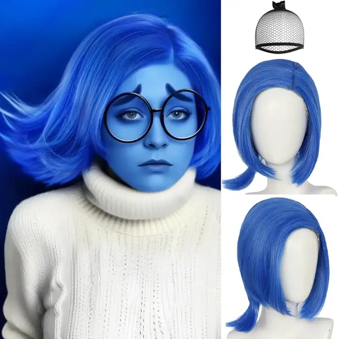 Perruque de tristesse bleue synthétique【+ bonnet de perruque + lunettes】 perruques Bob courtes bleue