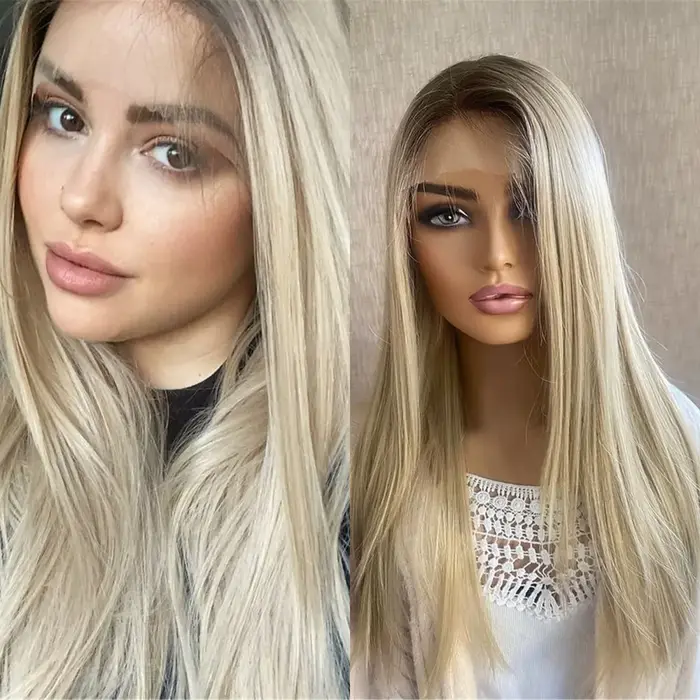 Perruque synthétique blonde cendrée avec mèches, perruque frontale en dentelle 13x4 pour usage quoti