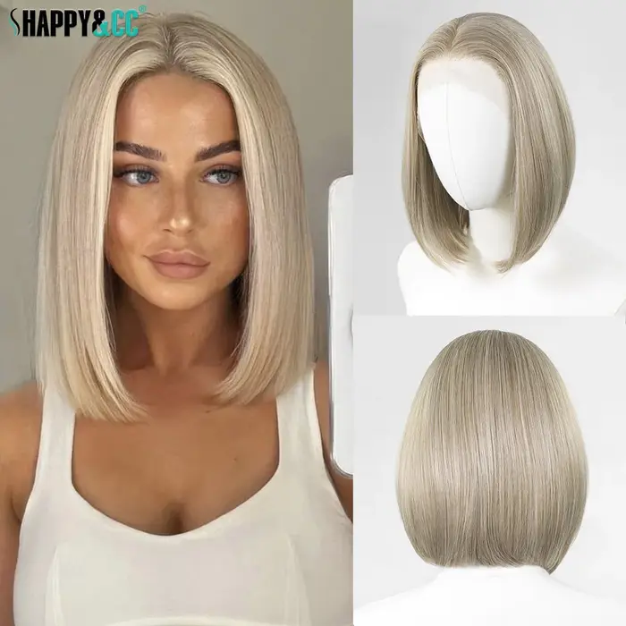 Perruque courte bob blonde avec mèches pour femme