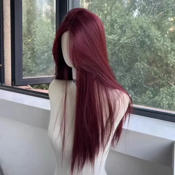 Perruque Lace Front Wig synthétique rouge longue et lisse pour femmes