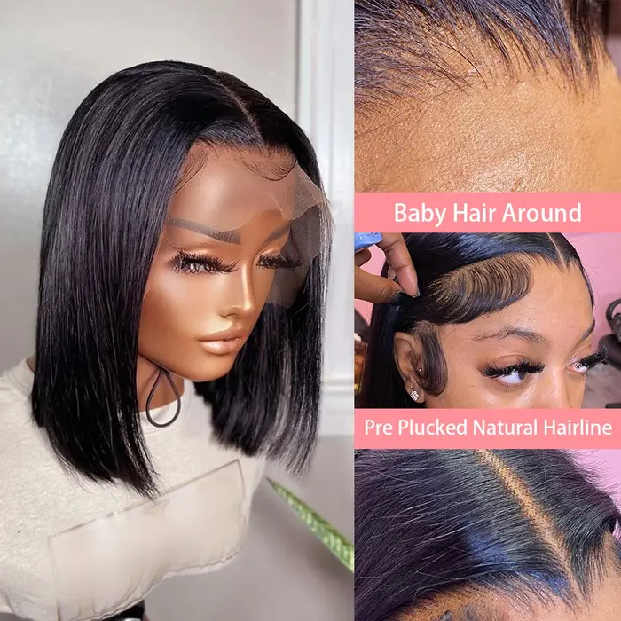 Perruques Lace Frontal 13x4 ultra-lisses, coupe courte bob, pré-épilées, avec dentelle transparente 
