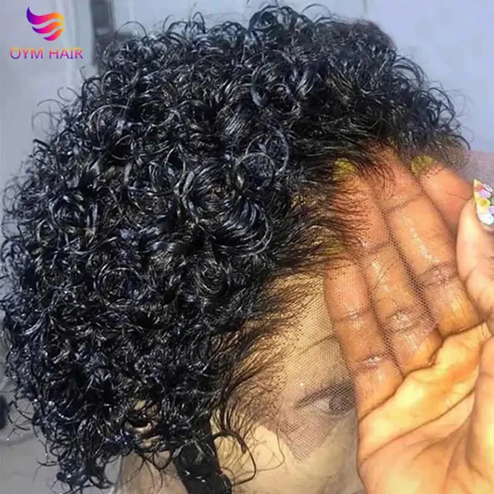 Perruque coupe lutin courte bouclée avant de lacet perruques de cheveux humains pour les femmes noir