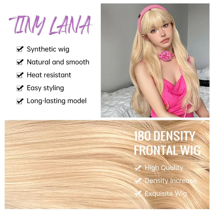 Perruques synthétiques ondulées blondes longues avec frange