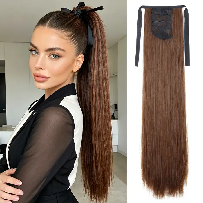 Extension de cheveux queue de cheval longue et droite avec attaches pour femmes, perruque synthétique résistante à la chaleur facile à clipser