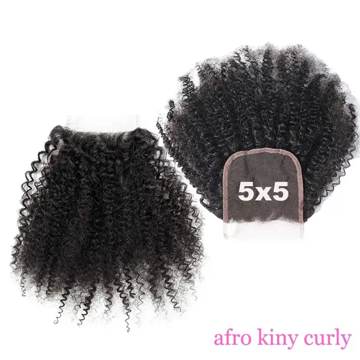 Afro crépus bouclés 4x4 5x5 dentelle fermeture Extensions de cheveux humains vague bouclée 4x4 5x5 Transparent