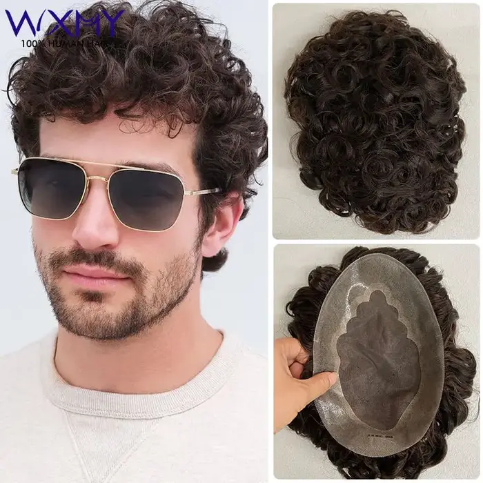 Perruque toupet bouclée pour hommes, Mono fin avec Base de peau, prothèse capillaire indienne nature