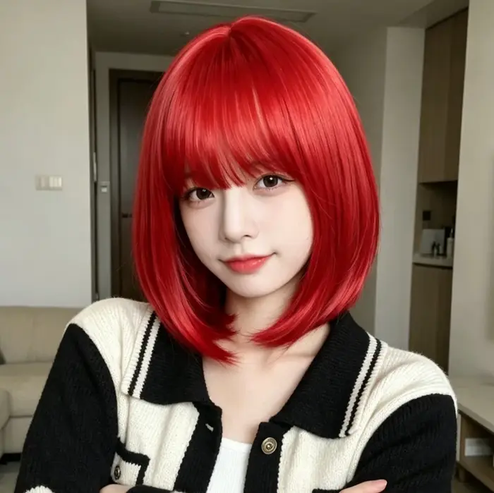 Perruque bob rouge, cheveux synthétiques