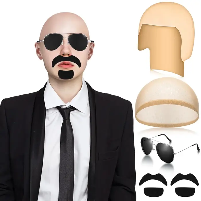 Casquettes de chauve avec lunettes et moustache, perruques de tête chauve, accessoires de déguisemen