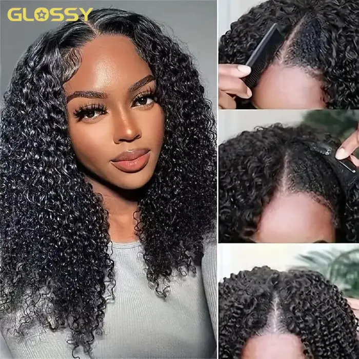 300 densité crépus bouclés V partie 100% perruque de cheveux humains profond Afro bouclés V partie p