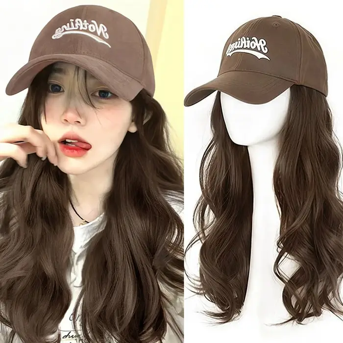 Perruque synthétique ondulée avec casquette de baseball marron et longs cheveux ondulés