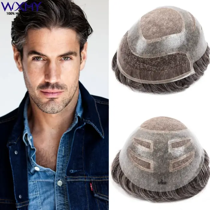 Toupet hommes perruque mâle cheveux prothèse Versalite Mono & Pu avec suisse dentelle avant 100% per