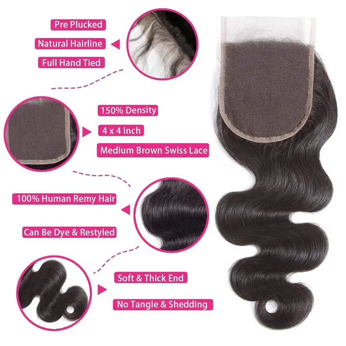 Tissage en lot brésilien naturel Body Wave birman, 30 pouces, avec Closure, Extension de cheveux vie