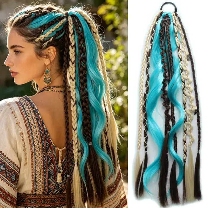 Extensions de queue de cheval synthétiques bohèmes de 20 pouces, cheveux tressés élastiques avec éla