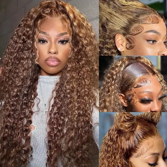 P4/27 mettre en évidence perruque cheveux humains 250% 300% 13X6 vague profonde bouclés miel blond dentelle frontale