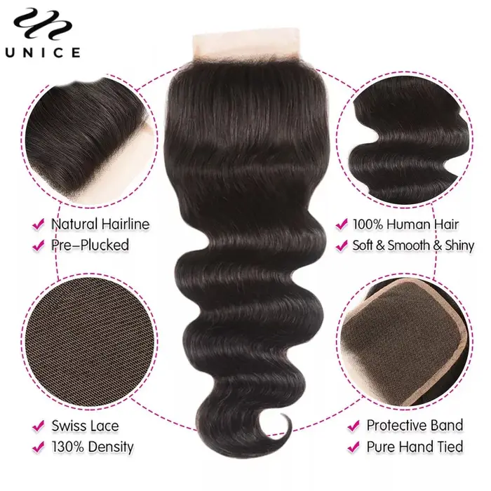 Mèches 100% naturelles Body Wave-UNice Hair, cheveux humains, avec closure, 4x4 pouces, document nat