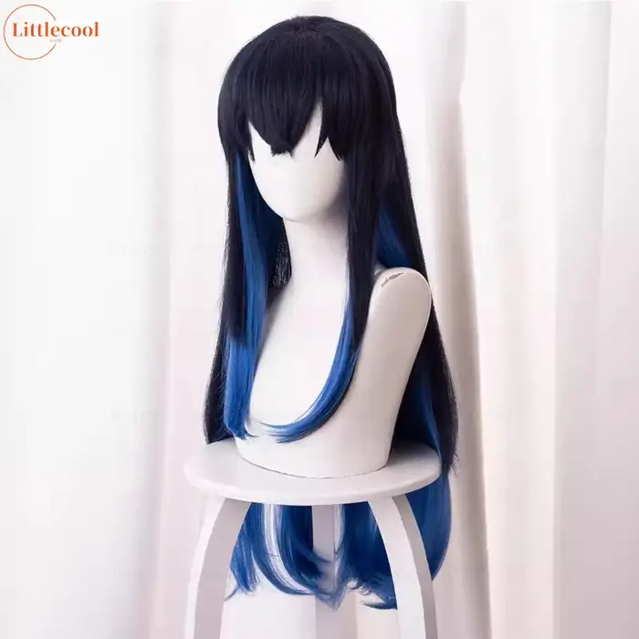 Perruque de Cosplay Hashibira Inosuke de haute qualité 70 cm longue ligne droite Ombre bleu résistant à la chaleur cheveux synthétiques Coser Anime perruques + bonnet de perruque