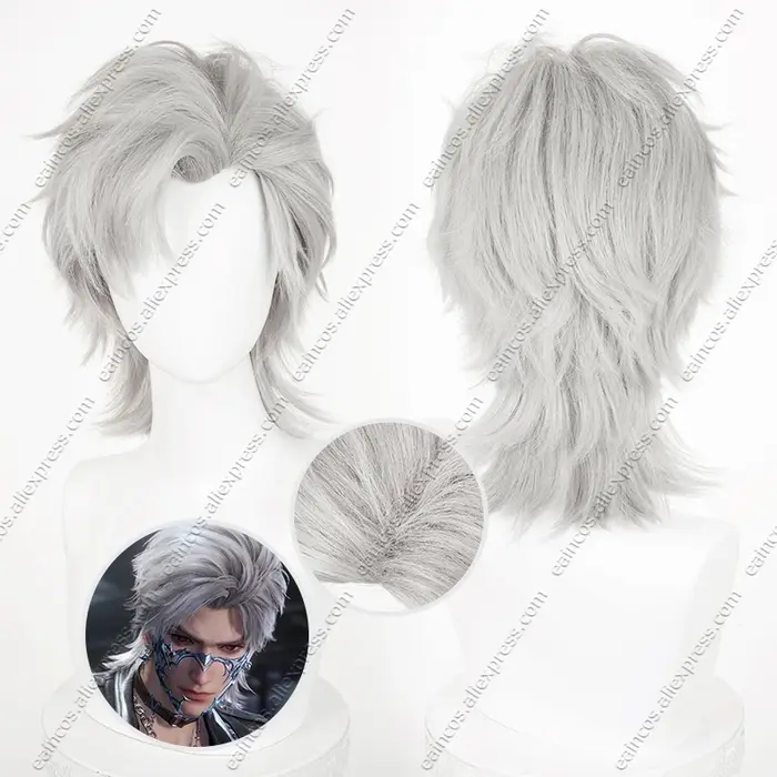 Wolfcut Sylus Cosplay perruque 38 cm court gris résistant à la chaleur cheveux synthétiques Hallowee