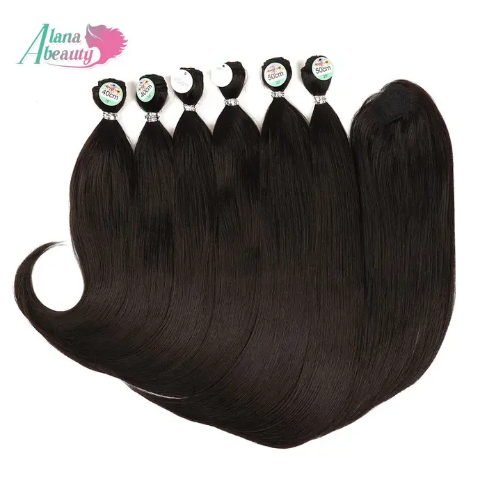 Extensions de cheveux synthétiques longs injStraight, 6 pièces avec fermeture, faisceaux de 260 gram