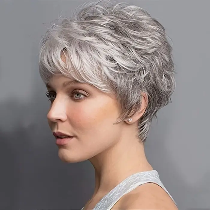 Perruque synthétique grise bouclée naturelle en fibre chimique, adaptée au style quotidien des femme