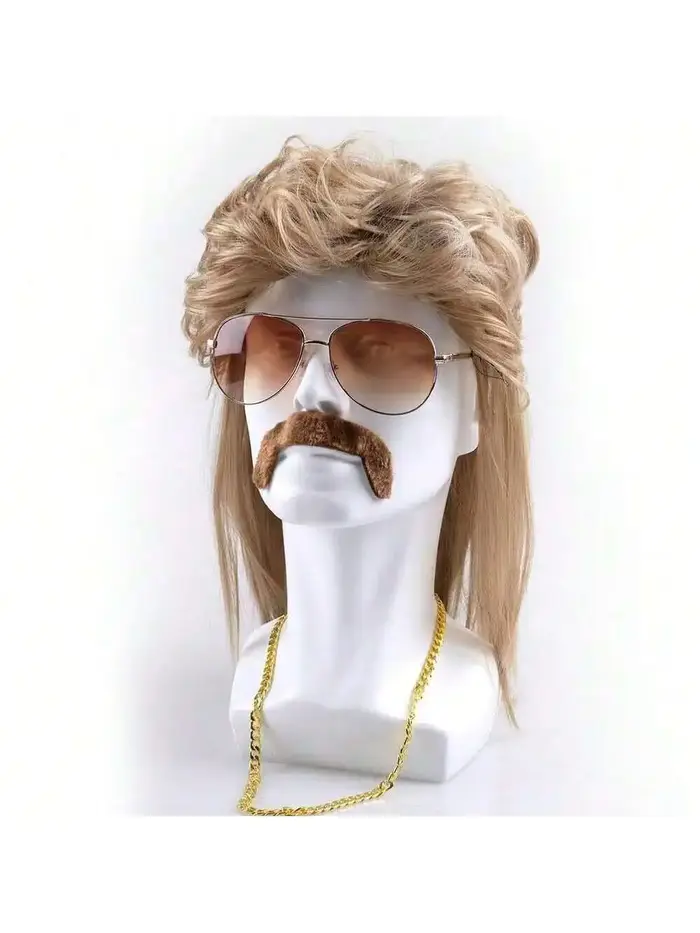 Perruque mulet des années 80 et 90, accessoires de tenue pour hommes, perruques synthétiques blondes résistantes à la chaleur pour hommes, perruque lunettes de soleil, collier foulard