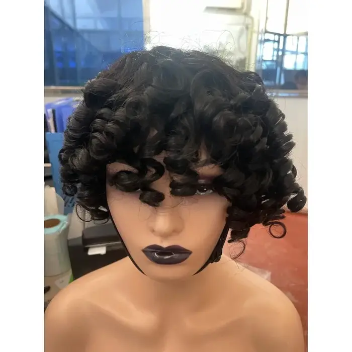 Perruque courte bouclée de cheveux humains