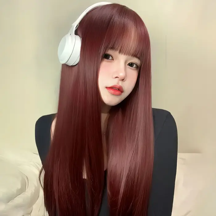 Perruque femme vin rouge cheveux longs raides bande dessinée frange tempérament réparation visage fibre synthétique