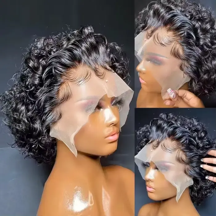 Perruques coupe lutin cheveux humains courts bouclés avant de lacet