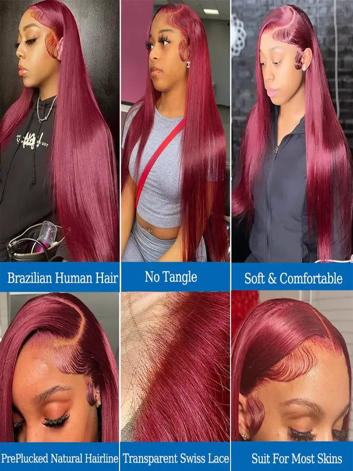 Perruque lisse bordeaux 99J, densité 200%, cheveux Remy, perruques frontales en dentelle HD transpar