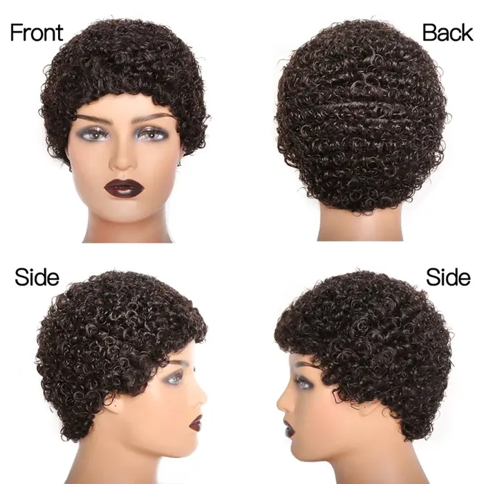 Perruques courtes crépues bouclées cheveux humains coupe lutin